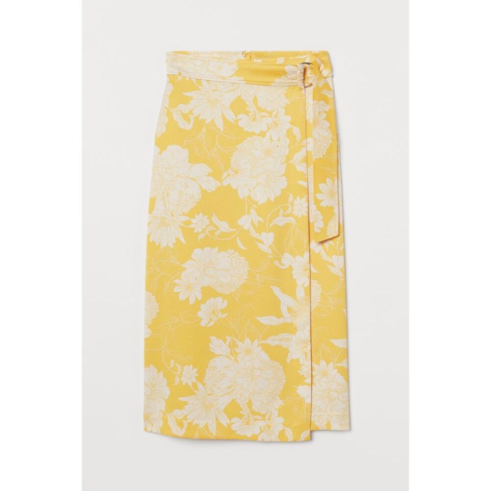 H&M Size 18 Yellow Floral D-Ring High Waist Midi Woven Fabric Wrapover Skirt